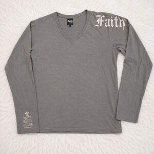 Faith Connexion Shirt Mens XL Gray Long Sleeve Gothic Graphic V Neck Cotton EU